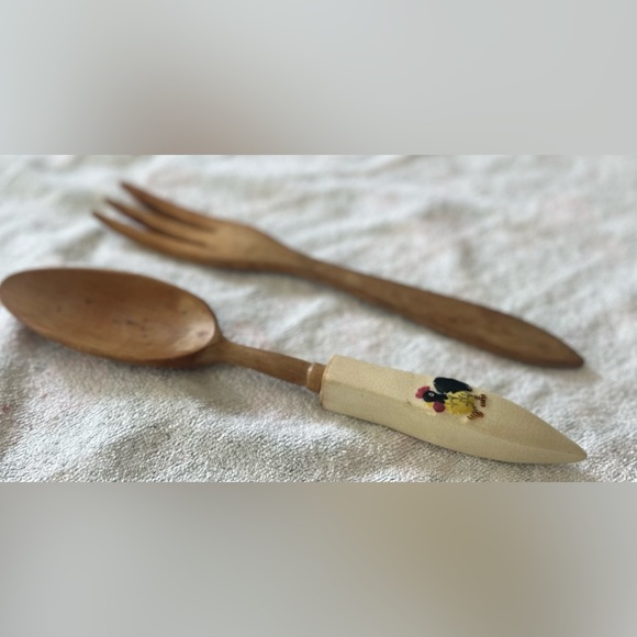Vintage Serving Set WOOD AND CERAMIC  ROOSTER SPOON AND FORK Salad SET VINTAGE - Picture 6 of 6